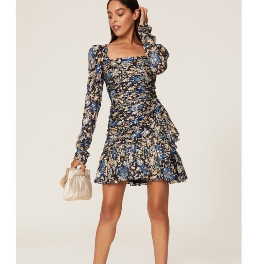 Monique Lhuillier Blue Floral Chiffon Long Sleeve Flounce Dress Women's Size 12